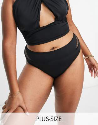 Plus mid rise bikini bottom with mesh inserts in black