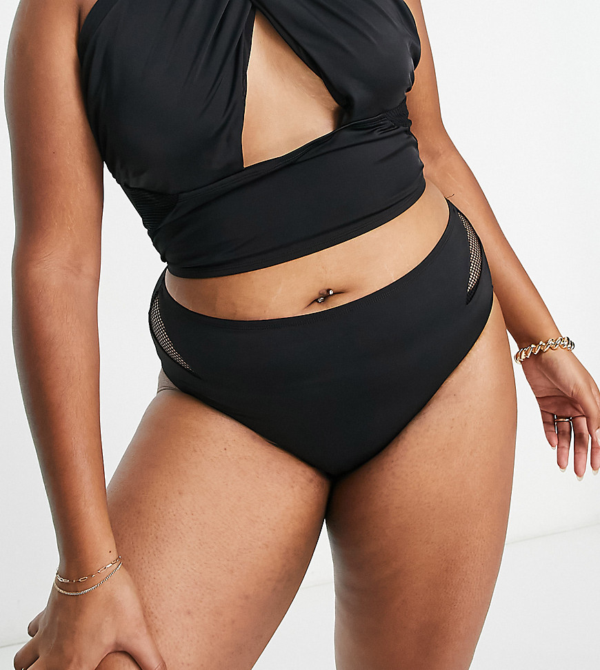 We Are We Wear Plus mid rise bikini bottom with mesh inserts in black