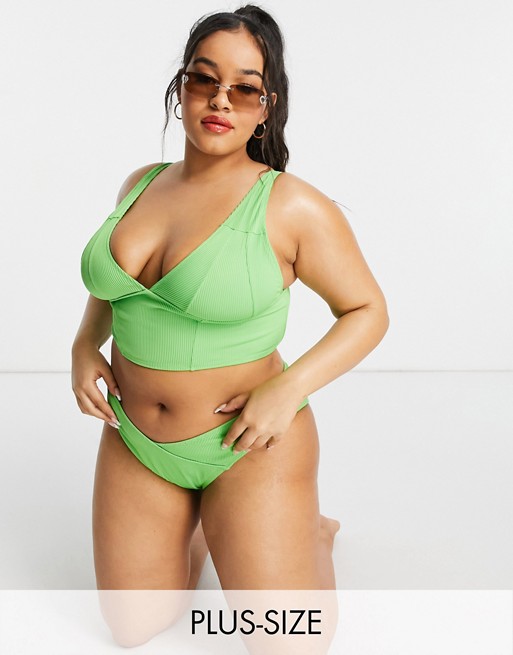 We Are We Wear Plus mix and match high leg ribbed V front brazilian bikini bottom in lime