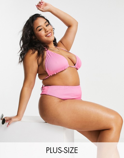 We Are We Wear Plus mix and match reversible ribbed high waist bikini bottom in pink to lilac
