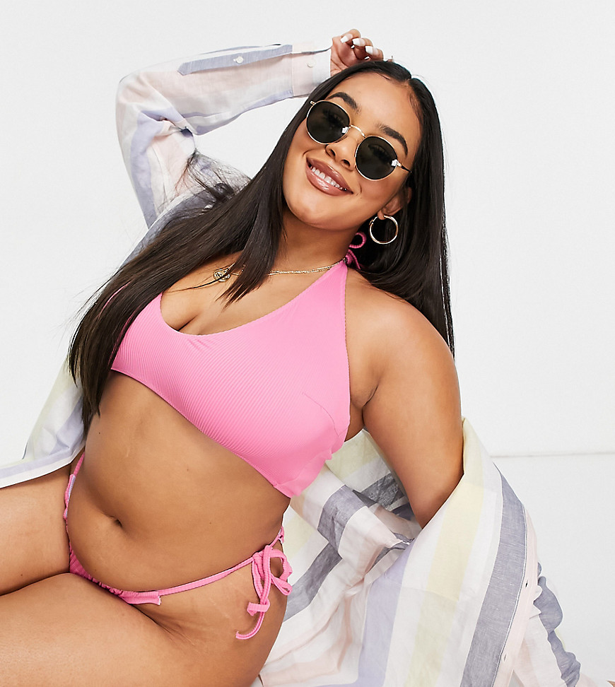 We Are We Wear Plus mix and match reversible ribbed plunge front crop bikini top in pink to lilac