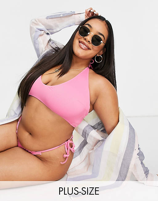 Women We Are We Wear Plus mix and match reversible ribbed plunge front crop bikini top in pink to lilac 