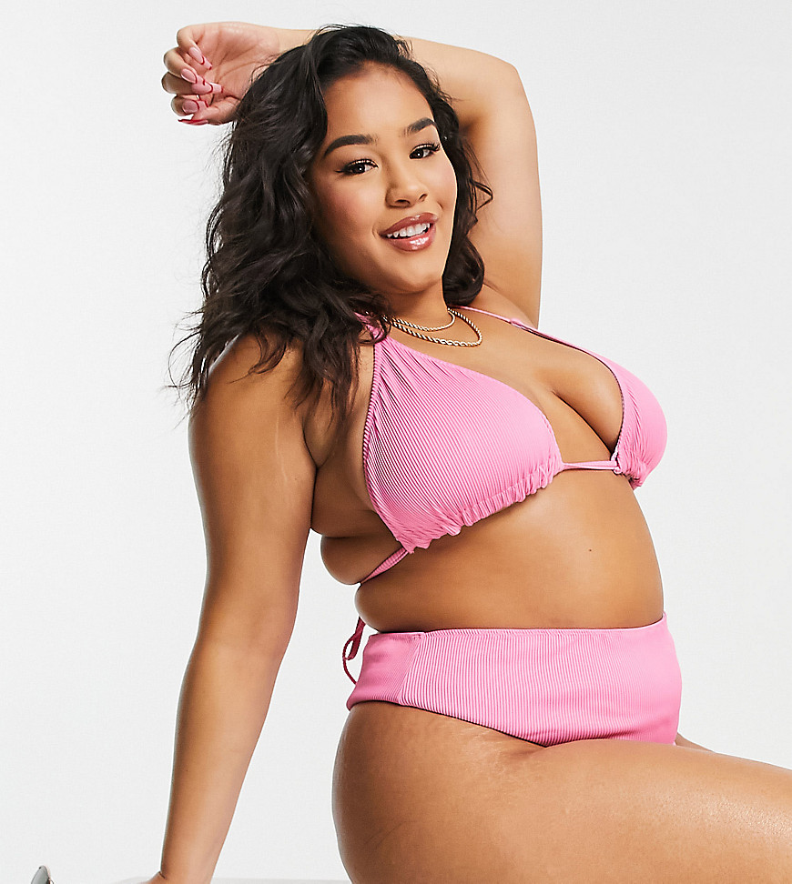 We Are We Wear Plus mix and match reversible ribbed string triangle bikini top in pink to lilac