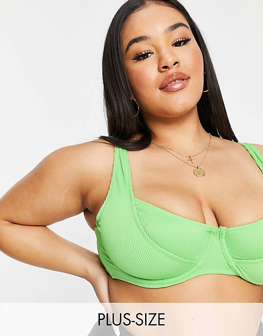 Women We Are We Wear Plus mix and match underwire ribbed bikini top in lime 