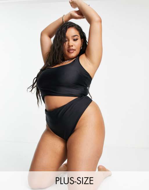 We Are We Wear Plus - Mix og match - Højtaljet bikiniunderdel med G-streng og høj benskæring i sort - BLACK