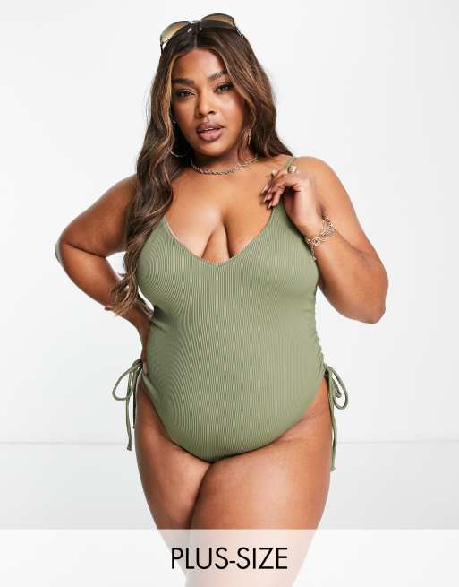 We Are We Wear Plus - Nicola - Maillot 1 pièce côtelé - Olive et crème