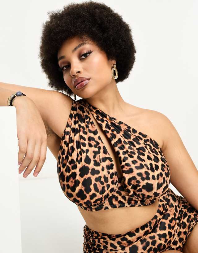 We Are We Wear Plus one shoulder bikini top in animal print