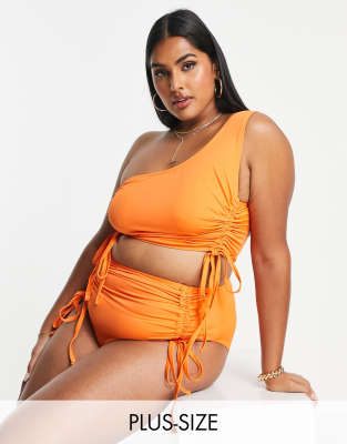 Plus one shoulder bikini top with ruching in coral-Orange