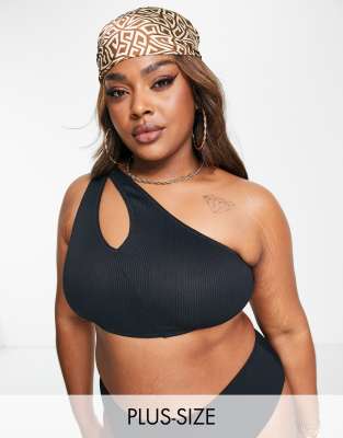 We Are We Wear Plus One Shoulder Reversible Bikini Top In Black And Caramel