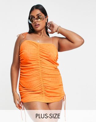 We Are We Wear Plus Overlay Mesh Swimsuit With Ruching In Coral-orange