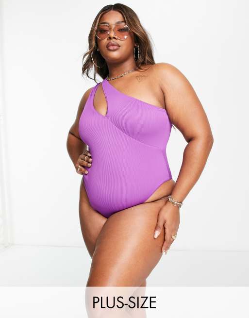 We Are We Wear Plus ribbed one shoulder slash swimsuit in ultraviolet