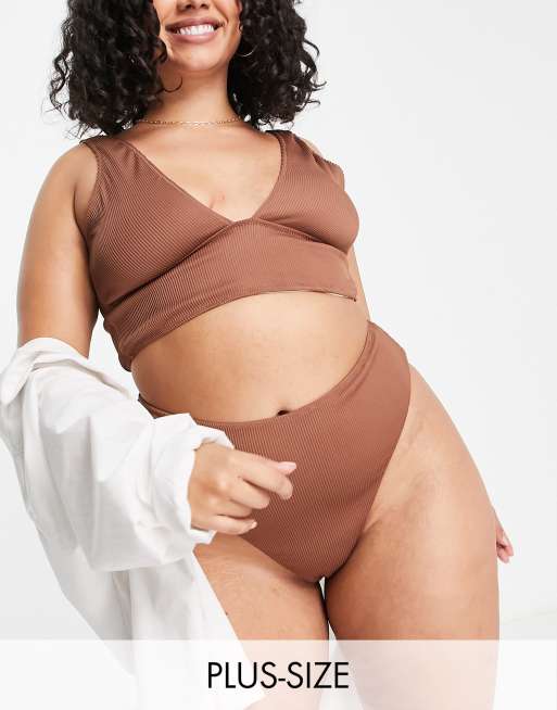 We Are We Wear Plus Selin reversible mix-and-match high-leg high-waist ribbed lingerie thong bikini bottom in brown/cream