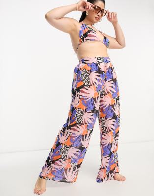 Tropical Printed Wide Leg Beach Pants