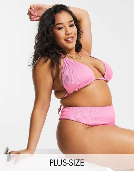 We Are We Wear Plus - Top bikini Mix & Match double-face a triangolo a coste con laccetti, colore rosa e lilla