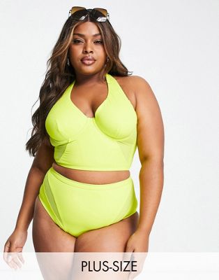 We Are We Wear Plus Underwired Bikini Top With Mesh Insert In Chartreuse-green