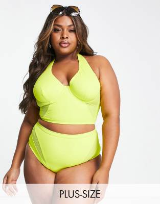 We Are We Wear Plus underwired bikini top with mesh insert in chartreuse