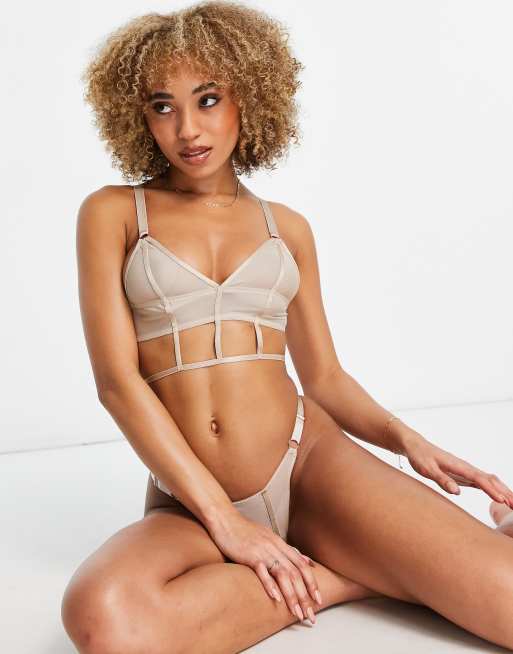 We Are We Wear poly blend mesh longline triangle bralet with strapping detail in beige - CREAM