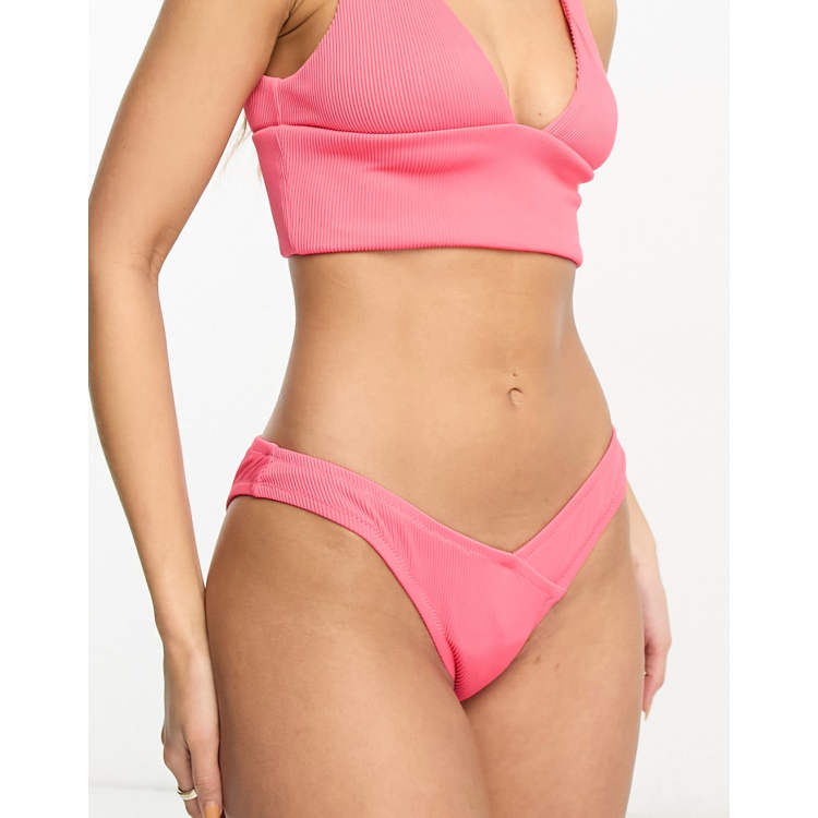 We Are We Wear rib Ashley Midrise bikini bottoms in cerise pink