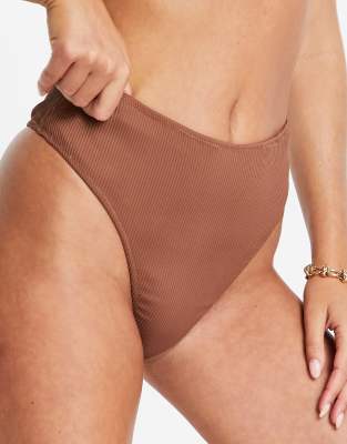 We Are We Wear Selin reversible mix and match high leg high waist ribbed thong  bikini bottom in brown vs cream