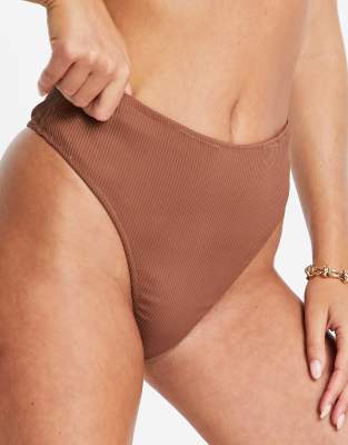 We Are We Wear Selin reversible mix and match high leg high waist ribbed thong bikini bottoms in brown vs cream