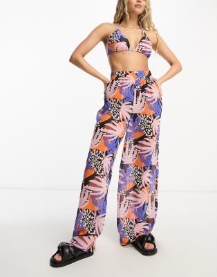 We Are We Wear Tania Wide Leg Beach Pants In Cabana Tropical Print-multi