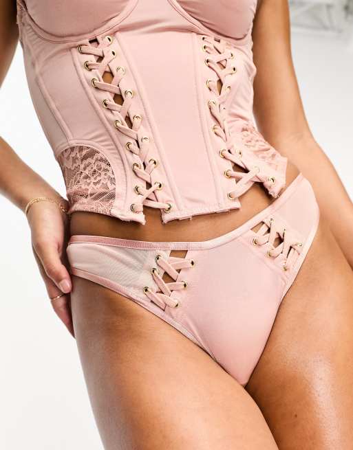 We Are We Wear vintage style thong with lace up detail in pale