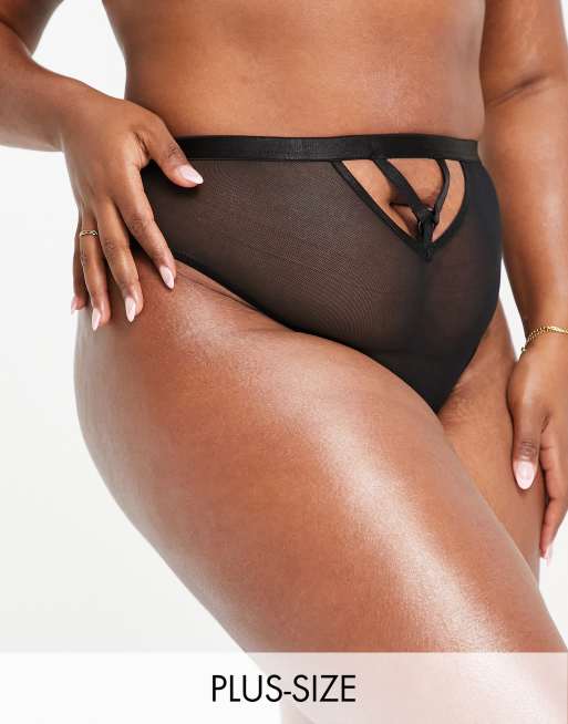 We Are What We Wear Curve - Braziliaanse slip van mesh met ringdetail en uitsnijdingen in zwart - BLACK