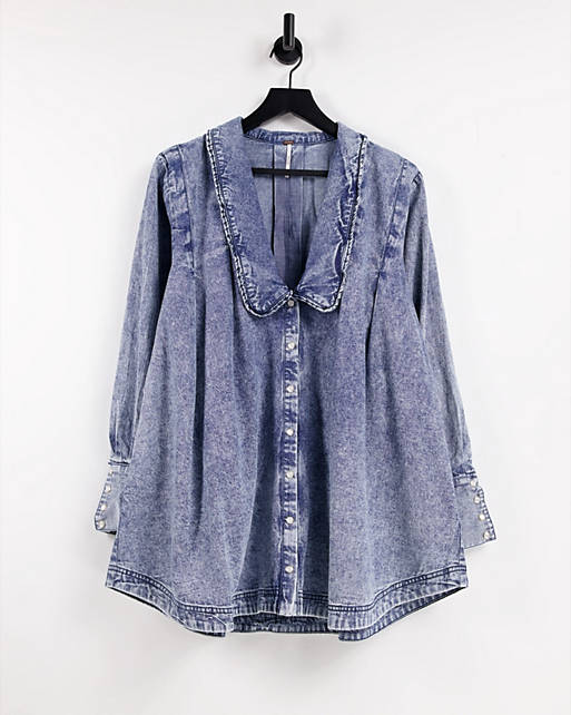 We The Free by Free People charlie oversized shirt with collar in light washed denim