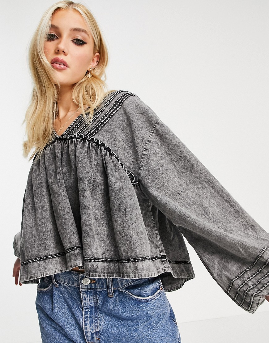 We The Free by Free People charlotte smock top in washed denim-Black