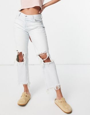We The Free by Free People Maggie mid rise jeans with ripped knees in vintage blue wash denim - ASOS Price Checker