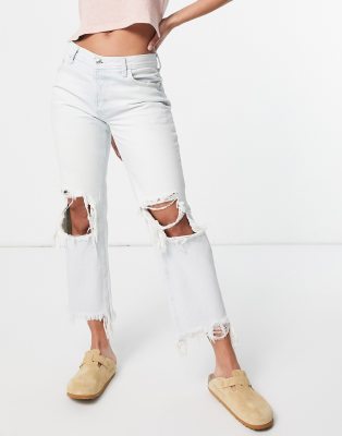 We The Free by Free People Maggie mid rise jeans with ripped knees in vintage blue wash denim - ASOS Price Checker