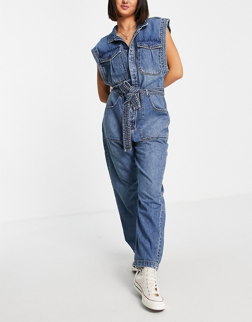 We The Free by Free People sydney sleeveless jumpsuit with tie waist in denim-Blues