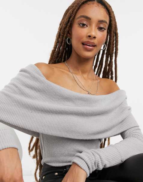 We The Free off the shoulder knitted top in light grey
