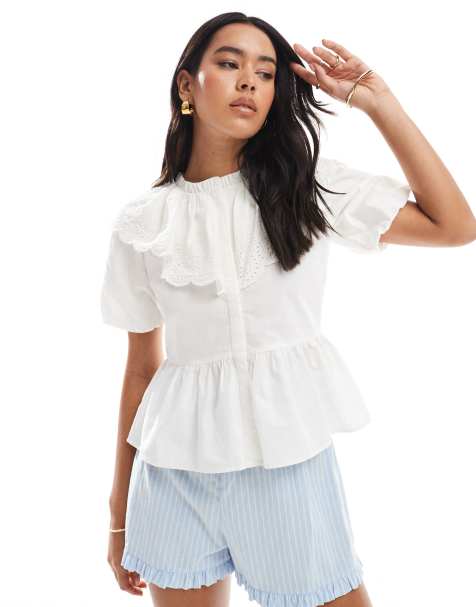 Wednesday Girl's collared cotton puff sleeve blouse in white - view 1