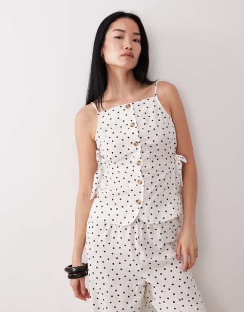 Wednesday's Girl co-ord button up tie detail cami top in white polka dot