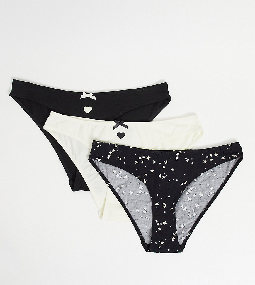 Wednesday's Girl 3 pack briefs in plain and star print-Black
