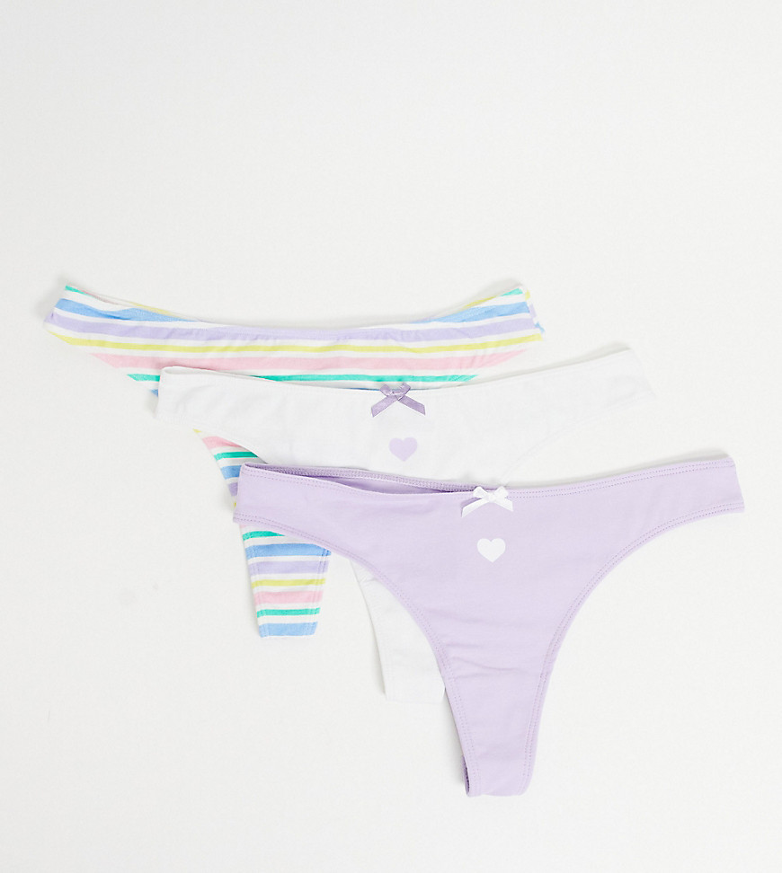 Wednesday's Girl 3 pack thongs in plain and stripe print-Multi