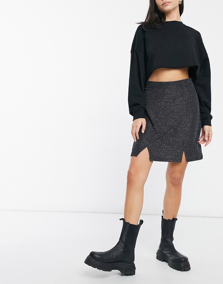 Wednesday's Girl 90's mini skirt with notch splits in glitter co-ord-Black