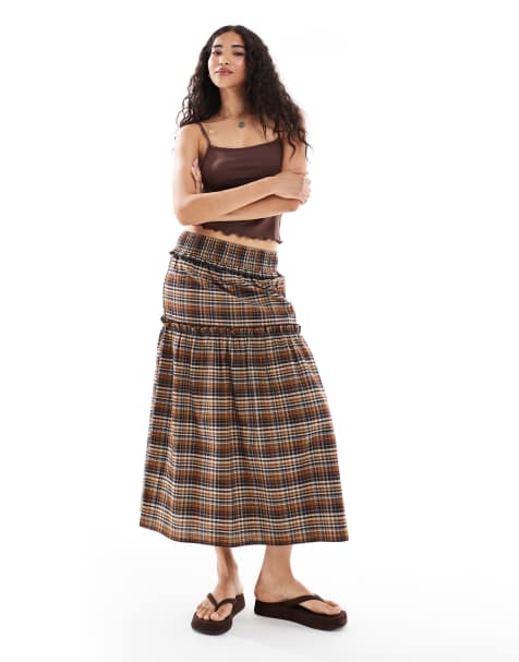 Wednesday's Girl a-line tartan midi skirt in brown - view 1