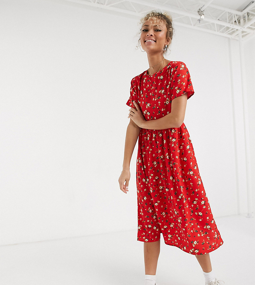 Wednesday's Girl - Aangerimpelde midi-jurk met fijne bloemenprint-Rood