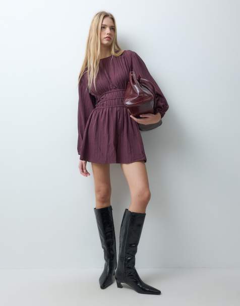 Wednesday's Girl abito mini a maniche lunghe con vita arricciata viola - view 1