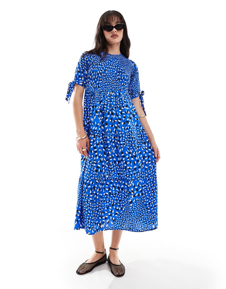 Wednesday’s Girl abstract print shirred midaxi dress in blue