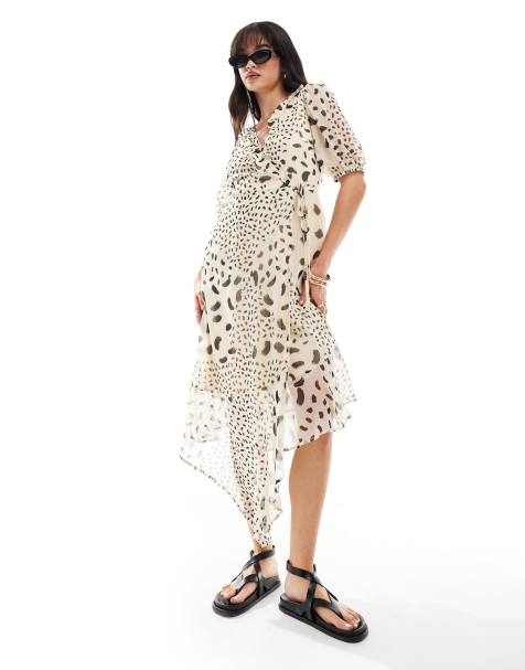 Wednesday's Girl abstract spot ruffle wrap midi dress in cream - view 1