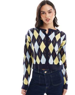 argyle print fine gauge cardigan in multi