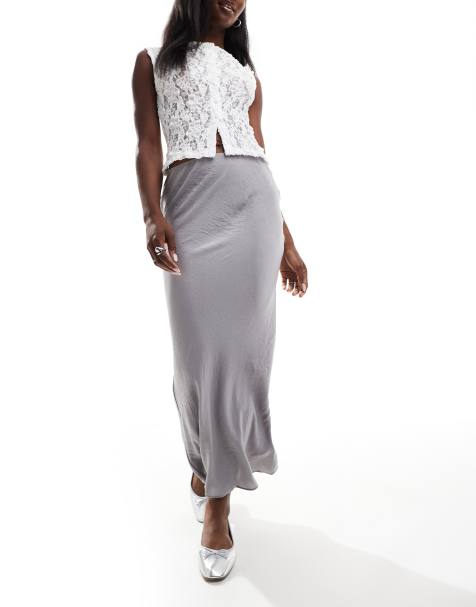 Wednesday's Girl – Asymmetrischer, wadenlanger Rock aus gehämmertem Satin in Silbergrau - view 1
