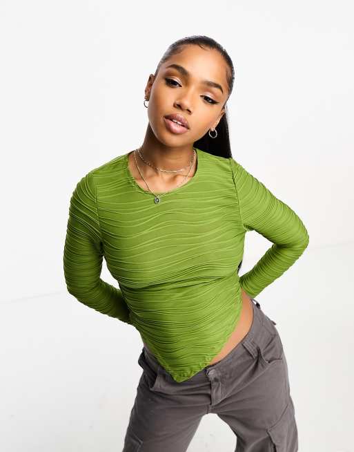 Wednesday's Girl – Asymmetrisches Oberteil aus geripptem Material in Moosgrün