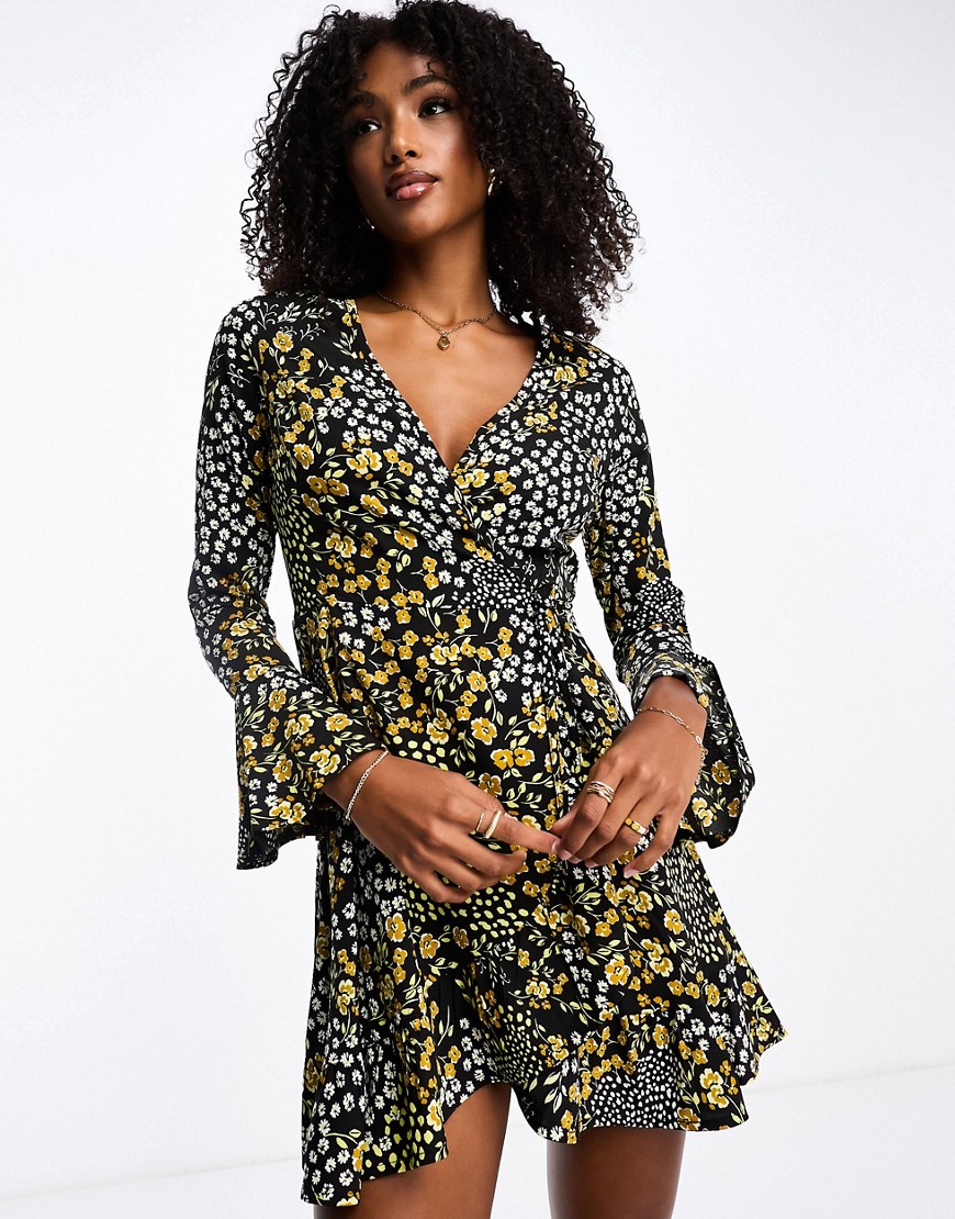 Wednesday's Girl autumn patchwork floral wrap detail mini dress in multi