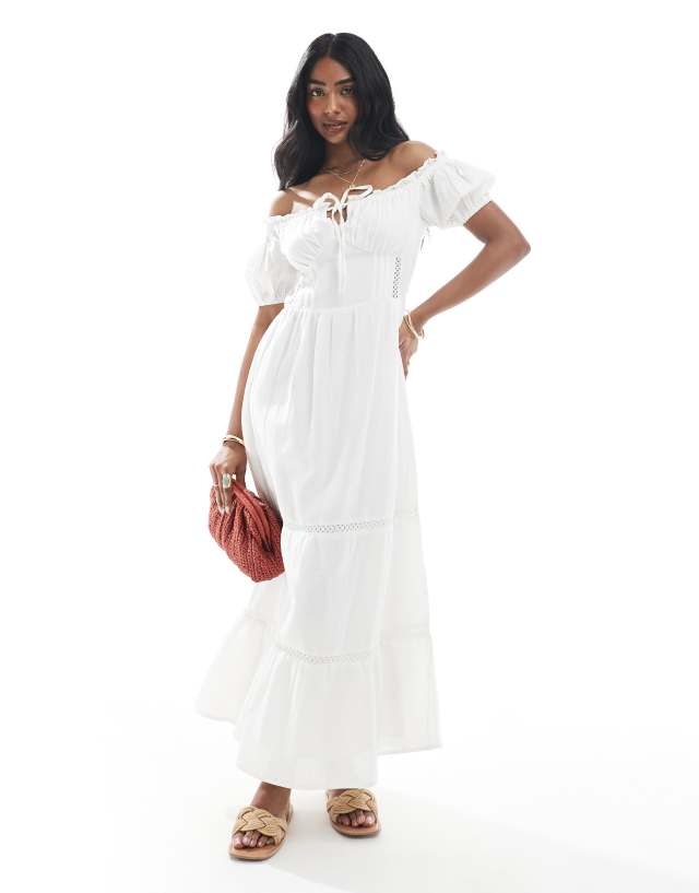 crochet trim bardot dress Wednesday's Girl midi in white Midi dress Colour:(86) CAMPARI SUMMERSALE25 TFNC Bridesmaid flutter sleeve this knee