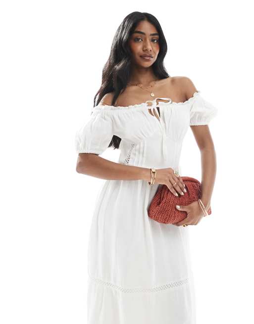 Wednesday's Girl bardot crochet midi trim dress in white