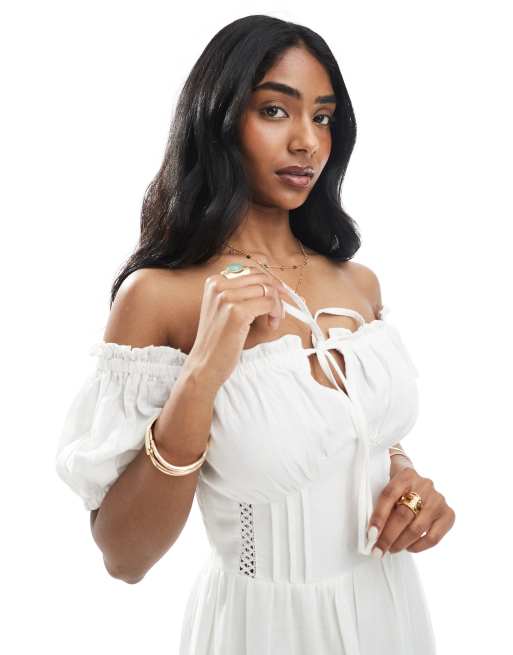 crochet trim bardot dress Wednesday's Girl bardot crochet midi trim dress in white